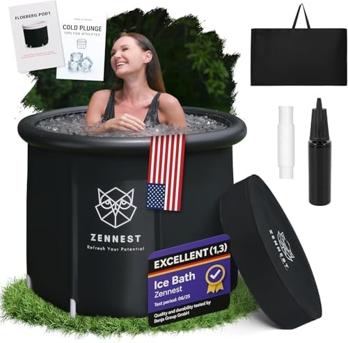 Zennest Upgraded 90 Gal Ice Bath Tub For Athletes - American Engineered Cold Plunge Tub Outdoor, 6-layer Insulated Inflatable Ice Tubs for Cold Plunge & Portable Bathtub For Adults - includes eBook