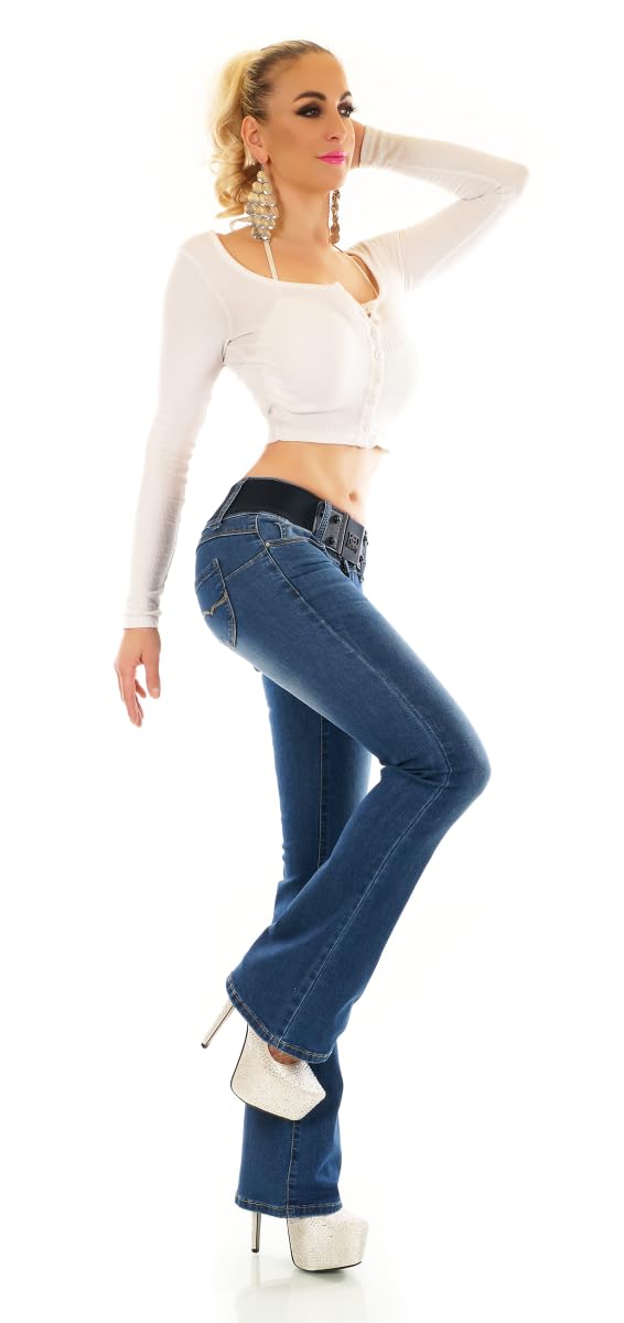 Damen Basic Slim Fit Stretch Bootcut Jeans Schlag Hose Middle Waist blau W386
