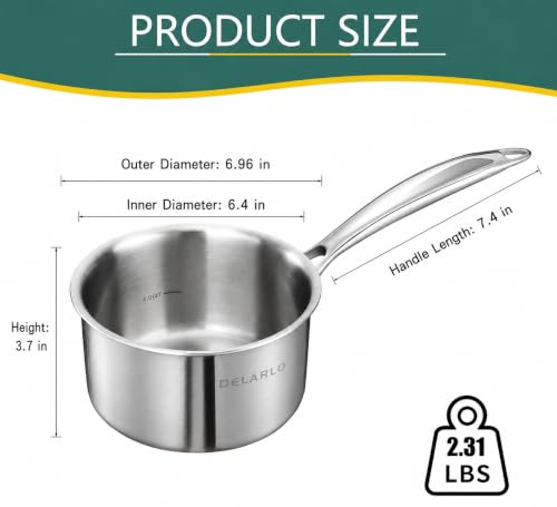 Image of DELARLO Full-body Clad Tri-Ply Stainless Steel Small Brushed Saucepan With Lid, Induction Cooking Sauce Pot Pan, Heavy Duty Saucier Cookware, PFOA&PTFE Free(2 Quart)