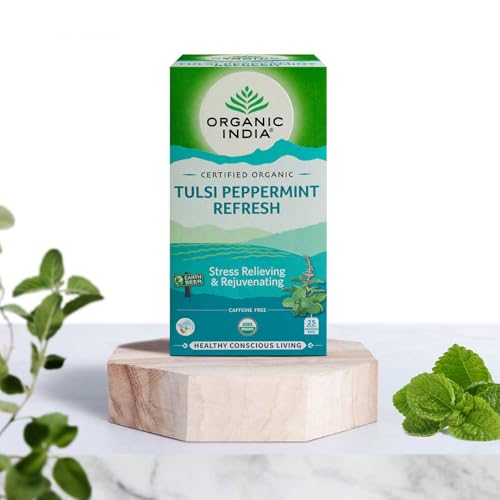 Image of ORGANIC INDIA Tulsi Peppermint Refresh 25 Tea Bags || Stress Relieving & Rejuvenating || Feeling Refreshed || Tulsi Tea - 25 Tea Bags (Pack of 3)
