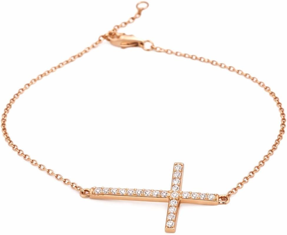 925 Sterling Silver Sideways Cross Bracelet for Women – Cubic Zirconia Horizontal Cross – Adjustable 6.5"–7.5" Cable Chain – Available in Silver Tone, Yellow Gold Tone, or Rose Gold Tone