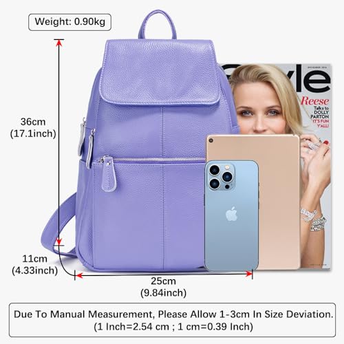 Image of zency 15 Colors 100% Genuine Leather Women Backpack Antitheft Fashion Rucksack Travel Bag For Ladies (Light Purple)