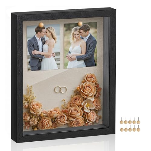 SONGMICS 8x10 Shadow Box Frame, Deep Box Frame with Top Slot and Push Pins, Picture Display Case, Linen Fabric Backing for DIY Craft, Glass Front, Gift Idea, Black URPF007B01 Black 8 x 10”