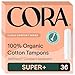 Cora Organic Cotton Tampons with BPA-Free Plastic Compact Applicator; Chlorine & Toxin Free - Super Plus (36 Count)
