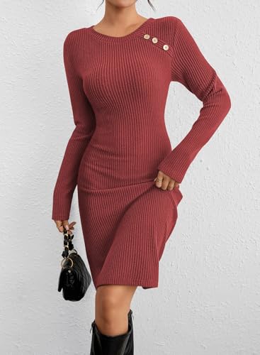 Pink Queen Winter Dresses for Women 2026 Long Sleeve Bodycon Fall Knee Length Dress Ribbed Slim Fit Cute Casual Airport Outfits Red Dahlia S — view 3