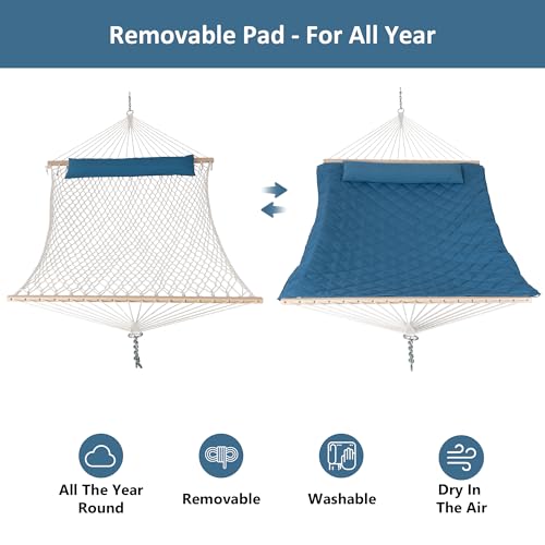 Image of ANOW Double Rope Hammock with Spreader Bars, Hammock Pad and Pillow, Blue