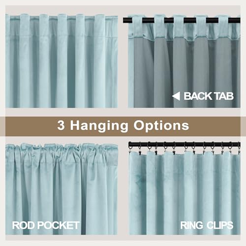 Image of Extra Long Light Blue Velvet Blackout Curtains 108 Inch Length 2 Panel for Large Window Living Room Spring Back Tab Pocket Cold Blocking Heavy Ceiling Floor Winter Drape for Bedroom Patio Sliding Door