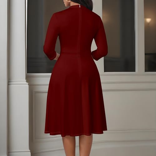 Image of PinkPatty Women's Semi Formal Midi Dresses 3 /4 Sleeve Solid Color Fit and Flare Dresses for Church Work Wine Red L
