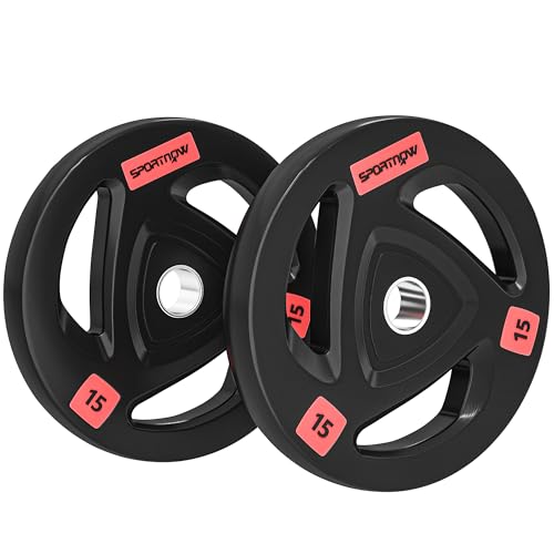 SPORTNOW Discos Pesas Olímpicos 15 kg, Agujero Ø50 mm, de Hierro Fundido, Recubierta de Goma, 2 Placas de Pesas con Triple Agarre, para Mancuernas y Barras, Entrenamiento en Casa, Gimnasio, Negro