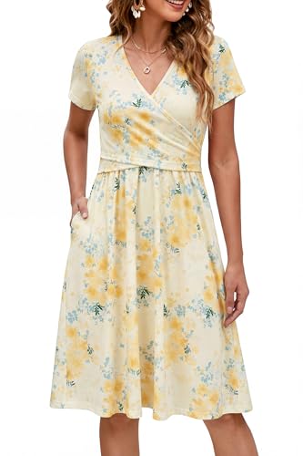 Image of OUGES Maternity Nursing Dress Breastfeeding Short Sleeve V Neck Casual Pregnancy Clothes with Pockets