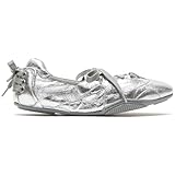 Arqa Lace-up Leather Casual Sneakers Comfortable Silver Ballet Flats Crafted in Leather Cracked Finish Decorative Lacing at The Back Tennis Walking Shoes Size 9