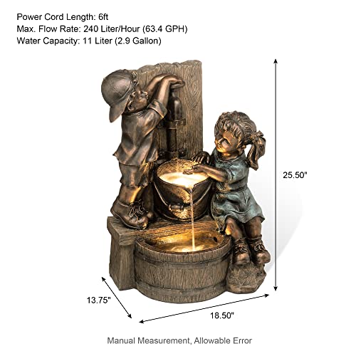 Image of Glitzhome Outdoor Water Fountain with LED Light, Children Playing with Faucet Waterfall Fountains, Antique Bronze Resin Boy and Girl Statue Outdoor Waterfall Fountain for Patio Backyard Garden, 25 inchH