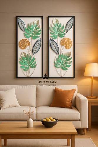 Image of F-RIQA METAL Set of 2 Leaf Design Metal Wall Art | Modern Green & Gold Iron Wall Hanging Frames for Living Room & Bedroom Decor | 36x13 Inch EACH (Handcrafted Metal Wall Decor) (DRAGON-LEAF-SET 2P)