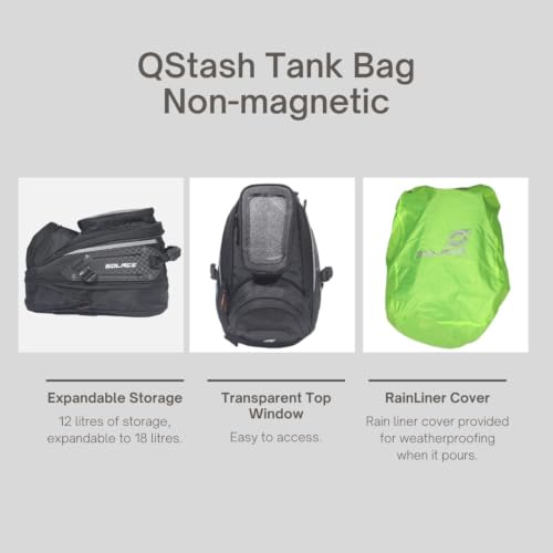 Image of SOLACE QStash Tank Bag for Motorcycles, Non Magnetic, 1680D Polyester, 12-18 Litre Expandable, with Sling Strap with Free RainLiner Cover