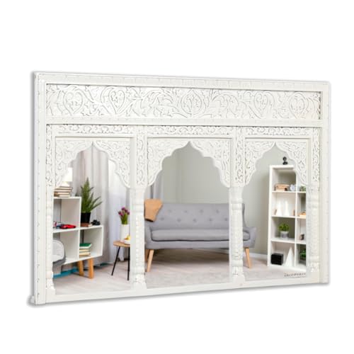 Image of JAE Furniture Kani Wooden Carved Mirror Full Length | Handcrafted Three Arch Long Mirror for Living Room, Wall Decoration, Entryway | Vintage Decorative Solid Wood Wall Mirror Frame | White Distress