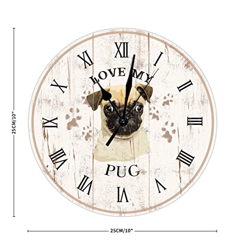 Love My Pug Wall Clock Pug Pet Lover's Gift Wall Clock Vintage Country Style 10Inch Round Clock Silent Non Ticking Battery Operated Wood Wall Clocks For Kitchen Bedroom Office #TOP1