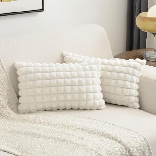 MONKDECOR Attractive Checkered Design Faux Fur Cushion Cover, Pack of 1 Piece, (White, Size-12" x 18" Inches)