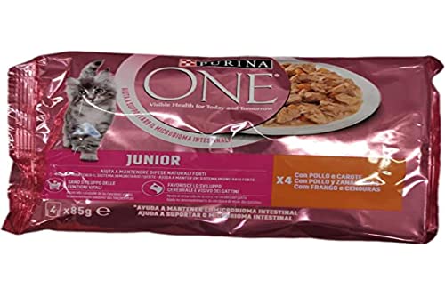 Purina One Kitten Junior - Comida húmeda para Gatitos de 1 a 12 Meses en Salsa con Pollo y Zanahorias, 4 x 85 g