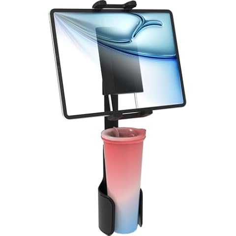 LYFICCS Cup Holder Car Tablet Mount, [Car Bottle Friendly] with Sturdy Telescopic Metal Rod Vehicle Tablet Holder for iPad Pro/Air/Mini, Galaxy Tab, Fire HD, iPhone 16/15/14, 4.7-12.9'' Tablet & Phone Cover