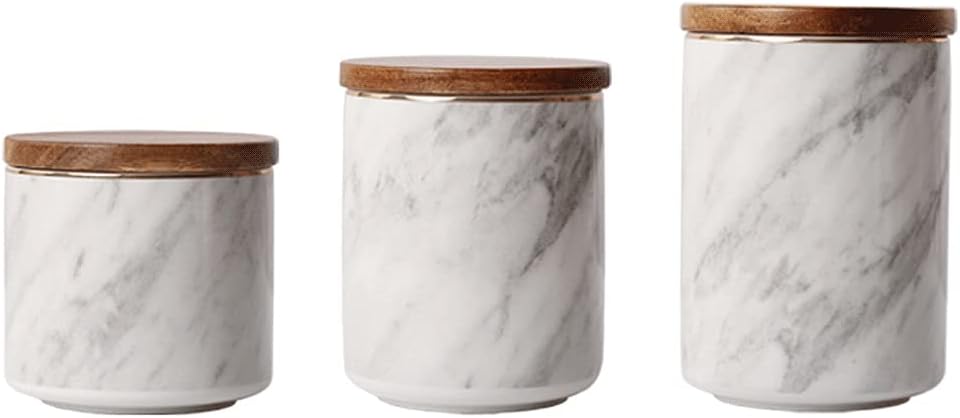 Airtight Ceramic Kitchen Canisters Set - Food Storage Jars with Acacia Wood Lids - Marble Pattern Containers for Kitchen Organization - 1/2/3/4 Piece Set