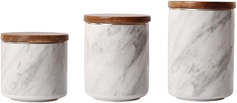 Kitchen Canisters Set Marble Pattern Airtight Jar with Acacia Wood Lid Food Storage Canister Ceramic Jar of 1/2/3/4 Useful Container Set