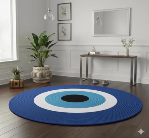 Image of Round Jute Reversible Evil Eye Door mat, 65 * 65 cm, Floor mat| Doormat for Home Entrance| Bathroom| Bedroom| Living Room| Kitchen| Pooja Room| Rug| Home Decor| Anti Slip| Outdoor| Nazar mat