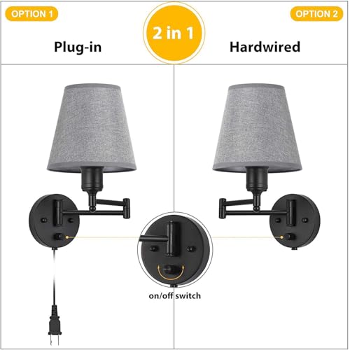 Lámpara de pared E27 regulable gris con cable e interruptor pack de 2 apliques ajustables 7