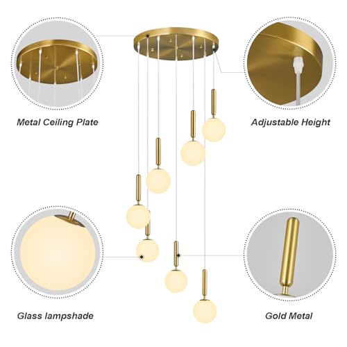 Image of 7-Lights Gold Chandelier with Milk White Glass Hanging Fixture Light