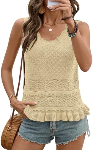 LOMON Sweater Vest Crochet Tops for Women Casual Cute Ruffle Hem ...