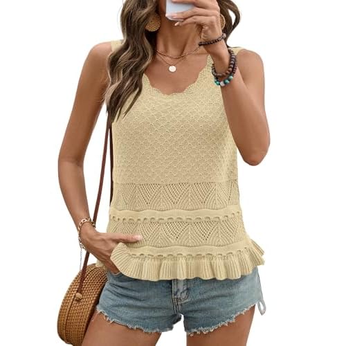LOMON Sweater Vest Crochet Tops for Women Casual Cute Ruffle Hem Boho Knit Crop Tank Tops Sleeveless