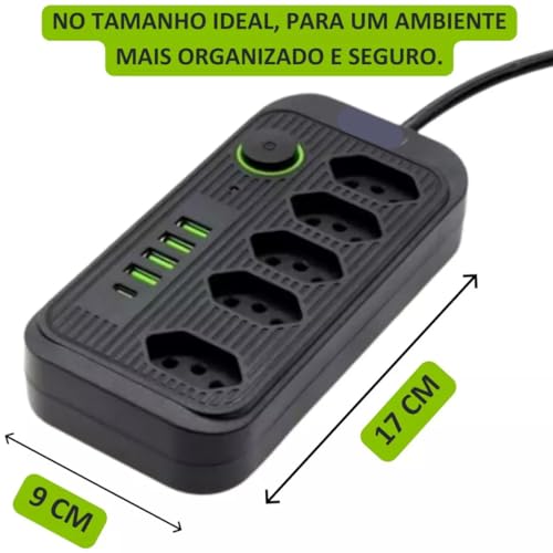 Extensão Tomada, Régua Tomada, Régua de Energia, 5 Tomadas, 4 Interfaces USB, 1 Porta USB Tipo-C, Ca