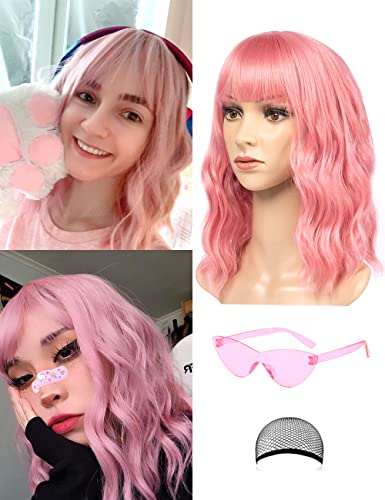 Wavy Wig With Bangs - 15 Inch Short Curly Wavy Wig with Wig Cap + Party Sunglasses - Heat Resistant Pink Wig - Shoulder Length Wigs for Women - Colorful Party Costume Cosplay Wigs (15 Inch, Pink)
