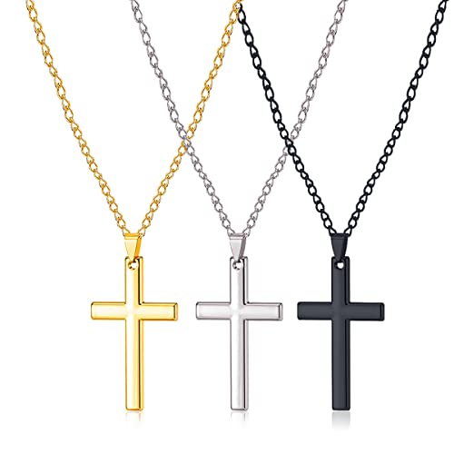 Forreen Kreuz Kette Herren, 3 Stück Kreuzanhänger Jesus Kruzifix Robust Vertrauenswürdig Einfach Stilvoll Kreuz Anhänger für Herren Jungs Kinder (Silber,Gold,Schwarz) Cover