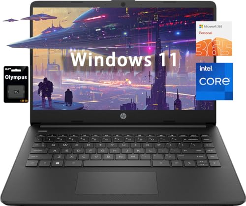HP 14" HD Student Business Laptop, Intel Quad-Core N4120, 4GB RAM, 192GB Storage, (128GB eMMC+64GB SD Card), 1 Year Office 365, Slim Design, Webcam, HDMI, Bluetooth, WiFi, Win 11 S, Black