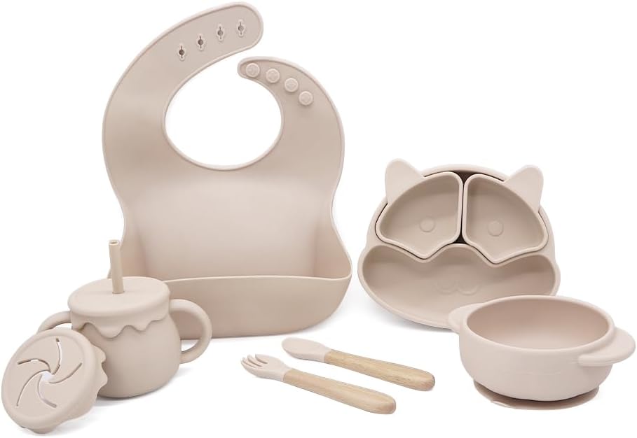 Baby Feeding Essentials, Baby Led Weaning Supplies, Silicone Baby Feeding Set, with Baby Spoon, Fork, Baby Bib, Sippy Cup, Suction Plate, Suction Bowl, Baby Eating Essentials, 6+ Months (Beige)