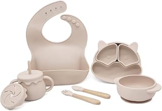 Baby Feeding Essentials, Baby Led Weaning Supplies, Silicone Baby Feeding Set, with Baby Spoon, Fork, Baby Bib, Sippy Cup, Suction Plate, Suction Bowl, Baby Eating Essentials, 6+ Months (Beige)