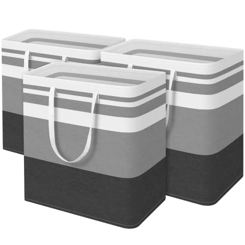 BlissTotes 3-Pack Laundry Basket, Freestanding&Waterproof Laundry Hamper, Collapsible Tall Clothes Hamper with Easy Carry Handles for Clothes, Towels in the Family and Dorm,Gradient Grey,100L
