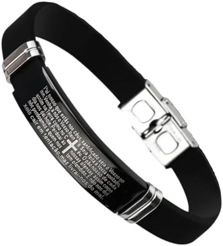 Pulseira Masculina Pai Nosso Aço Preta Bracelete Premium Oração