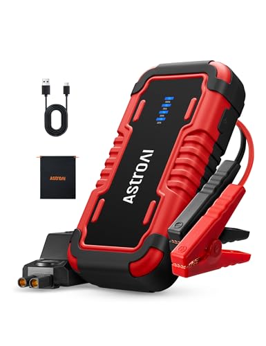 AstroAI P8 Jump Starter Power Pack – Portable Car Battery Booster Jump Starter Power Bank for 12V Cars (10.0L Petrol / 8L Diesel), Motorbikes, Includes LED Flashlight, Red