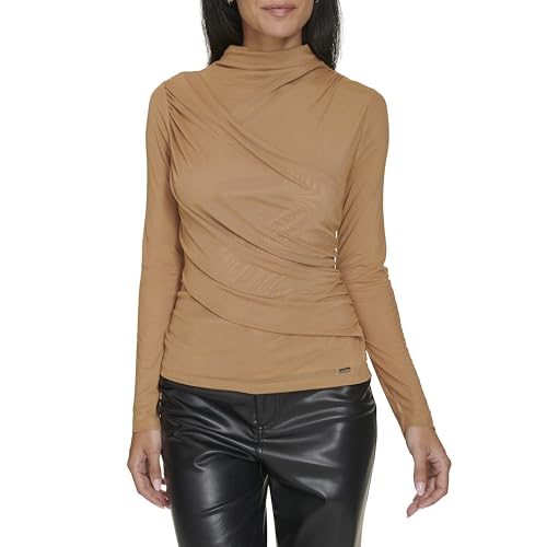 Image of Calvin Klein Women's Mockneck Draped Front Long Sleeve Top