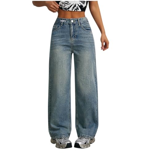 Womens Straight Leg High Waisted Jeans Wide Leg Drawstring Stretchy Denim Pants with Pockets Casual Baggy Retro Jeans