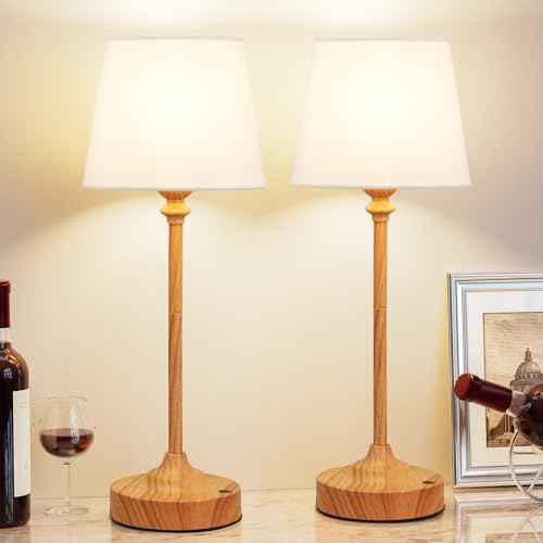 Image of Kakanuo Cordless Table Lamps Rechargeable Set - 2 Pack Wooden 4000mAH Battery Operated Lamps for Decor, 3000K Stepless Dimming Touch Control Wireless Lamps for Bedroom, Dining Table
