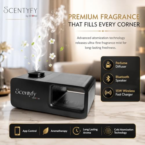 Image of SCENTYFY by STARQ Trinity 3-in-1 Smart Perfume Diffuser with Bluetooth Speaker & Wireless Charger, Aromatherapy Essential Oil Diffuser, Home, Office & Bedroom Decor