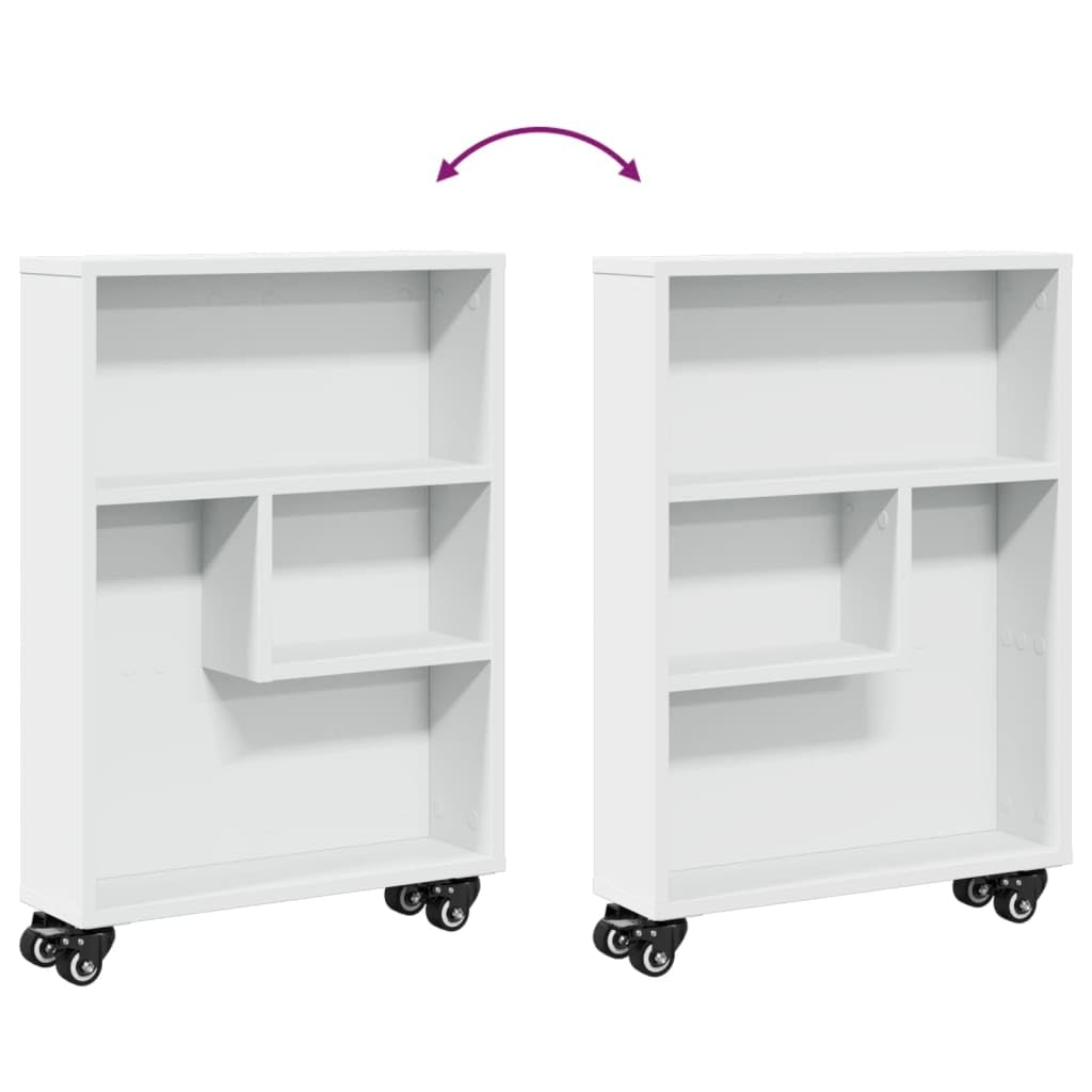 Carro de almacenamiento estrecho blanco, 48 x 13 x 68 cm, de material de madera, con ruedas con frenos, carrito auxiliar versátil para cocina, baño, oficina