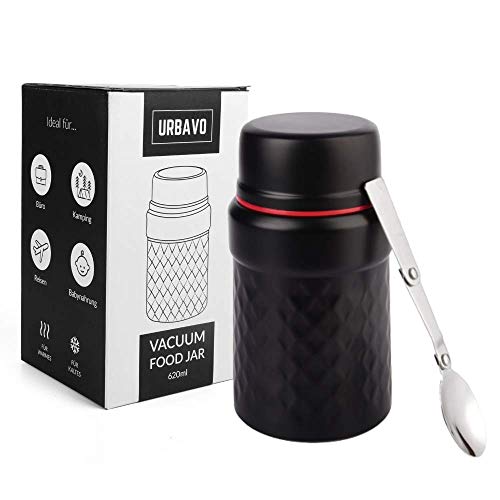 Urbavo Thermobehälter Essensbehälter 500ml & 620ml, Warmhaltebox, Isolierbehälter für Warme Speisen, Isolier Behälter aus Edelstahl mit Löffel BPA frei (620ml schwarz)