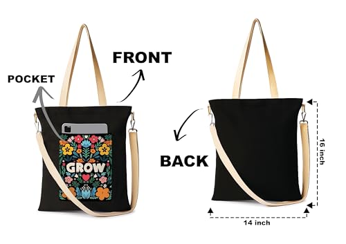 Image of ZORI Black Sling Tote Bag With Pocket and with Beige Straps, Tote Bags For Women large capacity,Tote bag For Shopping, College, Travel, More Canvas Handbag For Unisex
