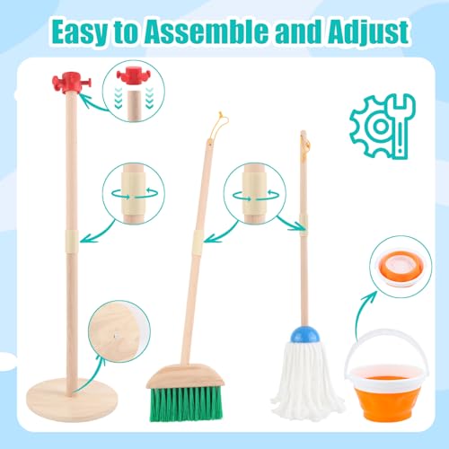 Kids Cleaning Toys Set Pretend Play Broom and Dustpan for Baby 1 2 3 Year Old Boy Girl Birthday Gift 9 pcs Wooden Toddlers Play House Dust Mop Children Learning Housekeeping Preschool Activities