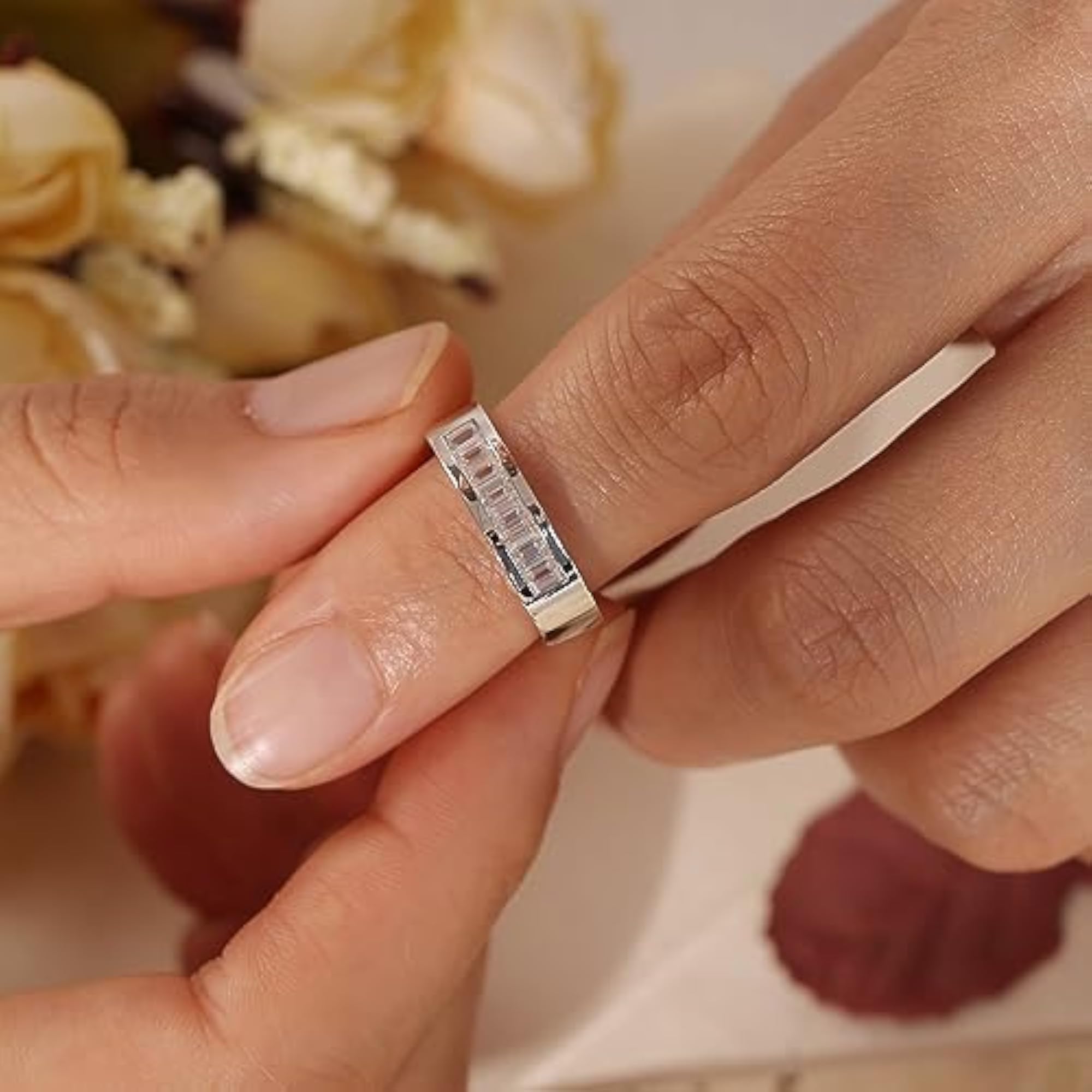 Solid Silver Wide Band VVS Moissanite Baguette Ring
