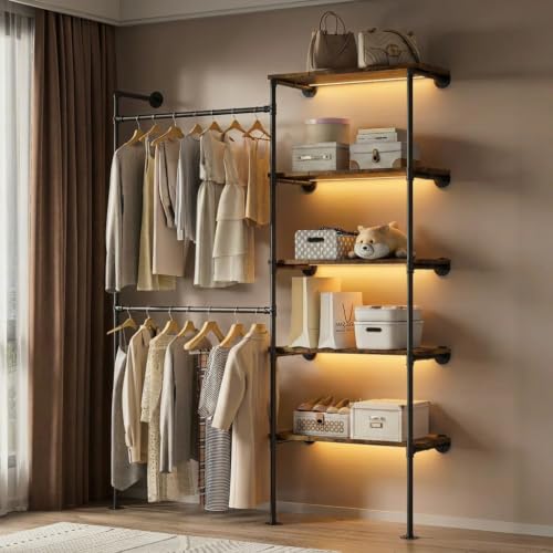 Industrial Pipe Clothing Rack with LED Lights& Shelves, Black | Wall Mounted DIY Garment Rack with 2 Adjustable Rod & 5 Shelves, Heavy Duty Closet Organizers System in Wardrobe Closet