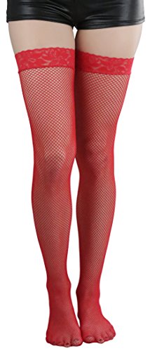 Image of ToBeInStyle Women's Wide Floral Lace Fishnet Thigh Hi Stockings